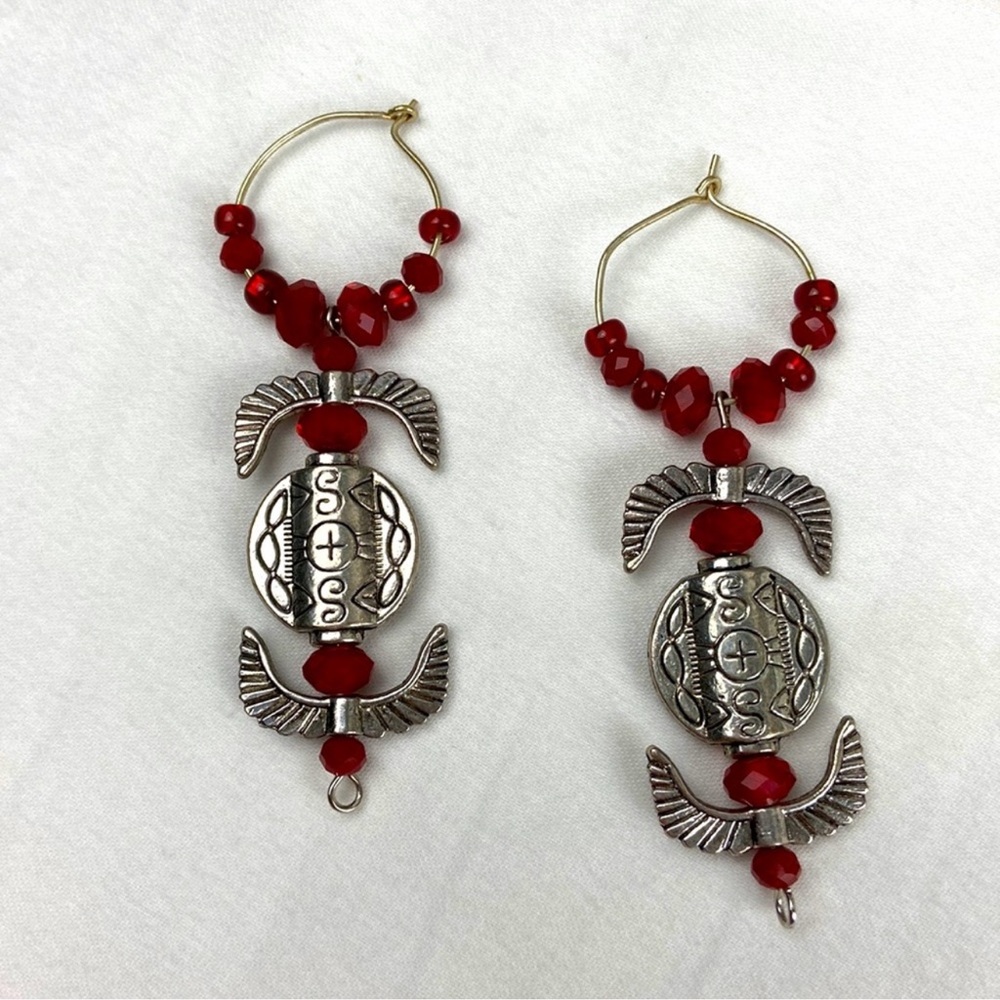 Dangle hoop “tribal” style silver tone ruby crystal small hoop earrings